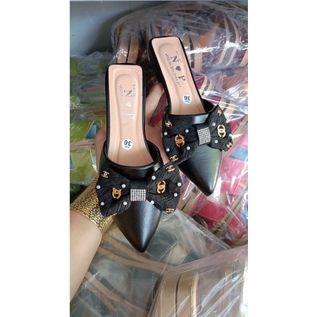 Dép Bệt Sục Đính Nơ Chữ X Mũi Nhọn Nữ Cao 3 Phân (ảnh chụp thật)