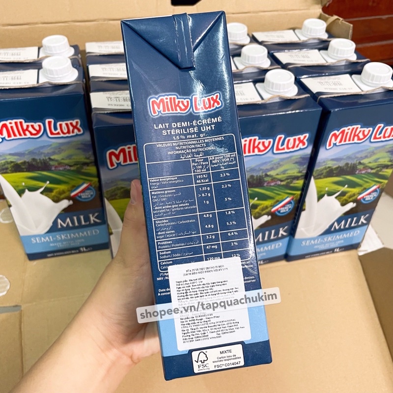 COMBO 3 HỘP Sữa tươi không đường ÍT BÉO 1.5% MILKY LUX 1L tiệt trùng Pháp có tem phụ