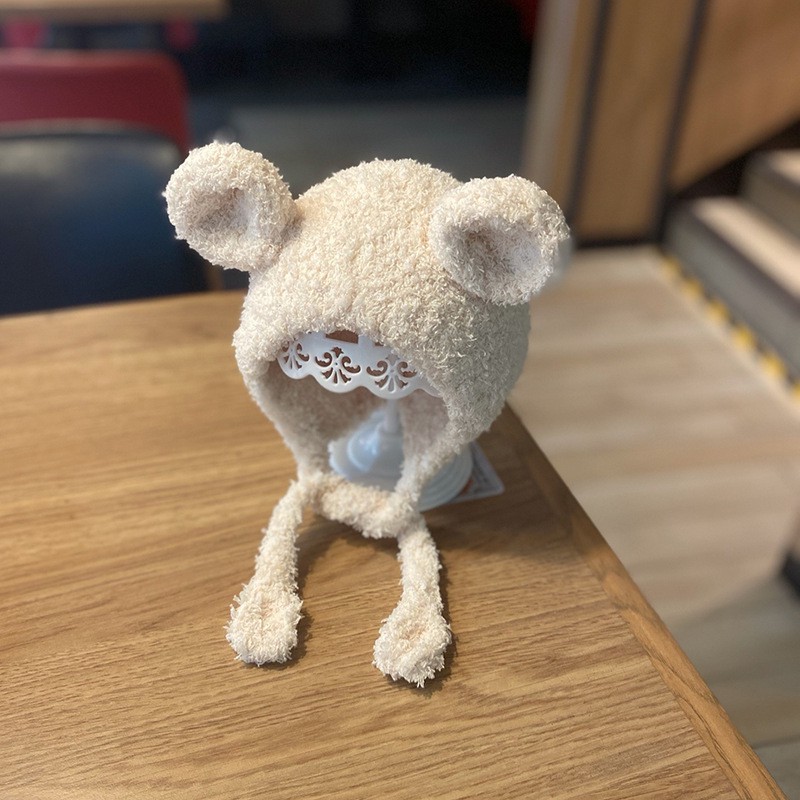 Mũ nón len thu đông hình chú GẤU XÙ LÔNG CÓ DAY BUỘC [ 02MV] cho bé trai bé gái từ 0-15 tháng tuổi.