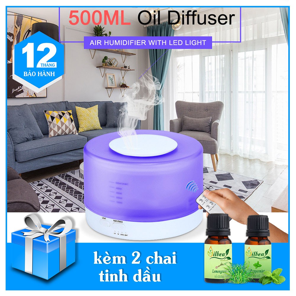 Máy khuếch tán phun sương tinh dầu đa chức năng cao cấp 500ml có remote tặng kèm tinh dầu bạc hà 10ml và sả chanh 10ml