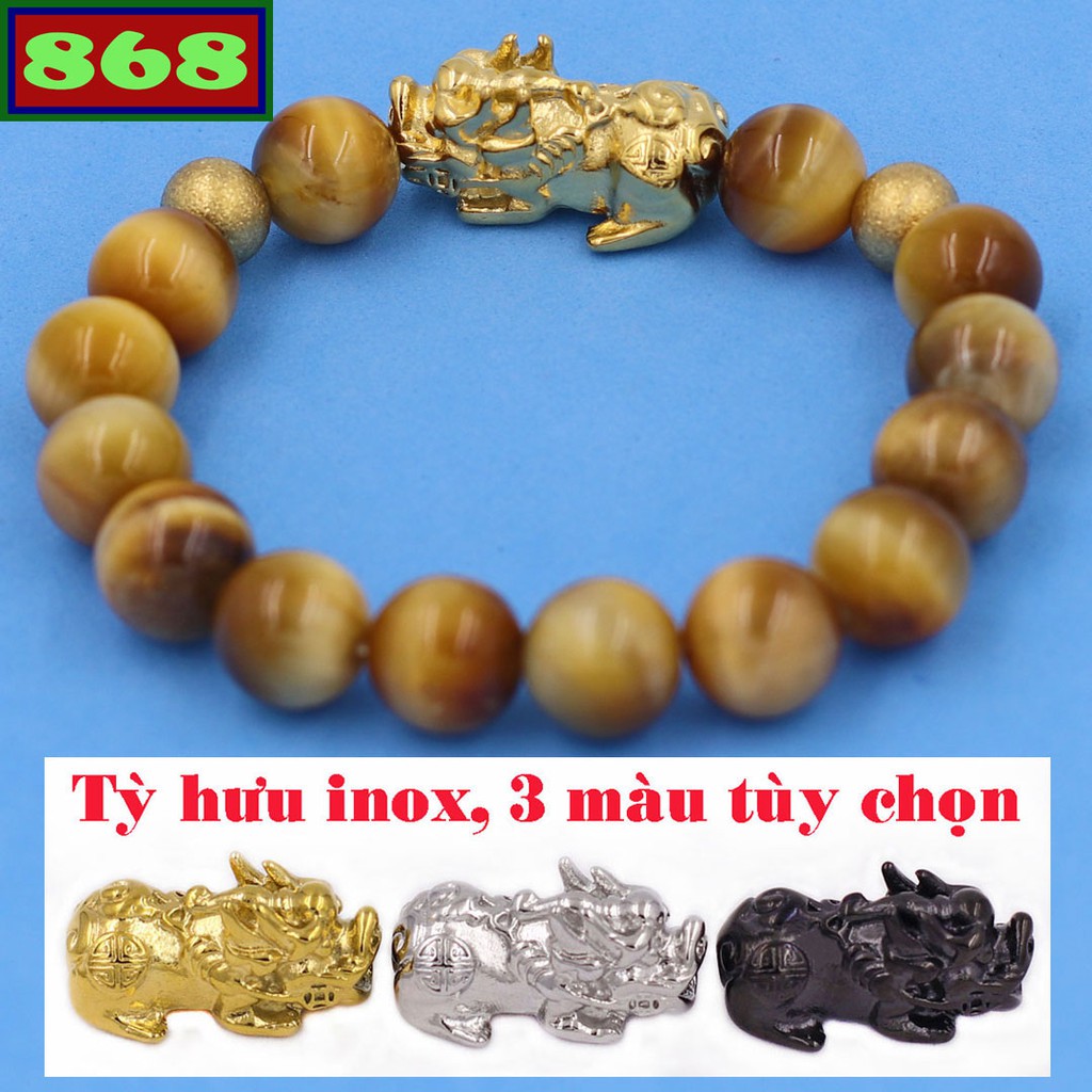 Vòng chuỗi đeo tay đá mắt hổ vàng charm tỳ hưu, bi inox, từ hạt 8 ly đến 14 ly, vòng chuỗi phong thủy