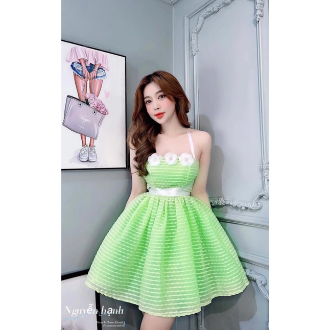 (Free ship) Đầm Hai Dây Tơ Hột Có Mút Có Đính Hoa Trên Ngực Áo Cực Dễ Thương UP VLTN Shop