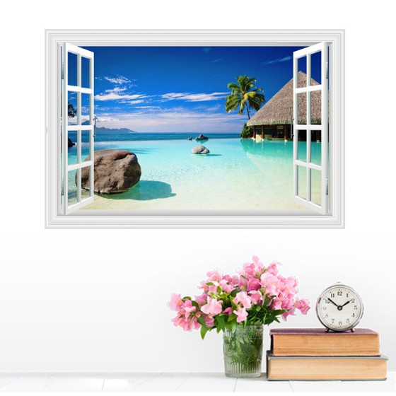 Decal trang trí khung cửa sổ 3D cảnh Resort biển xanh