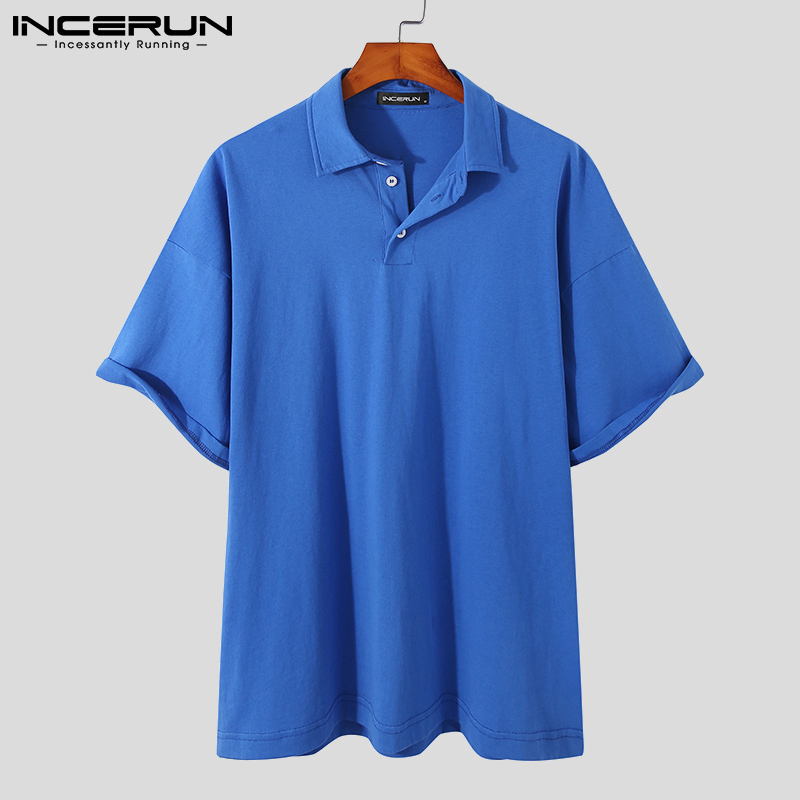 Áo INCERUN Cotton Tay Ngắn Màu Trơn Cổ Bẻ Thời Trang Đơn Giản Cho Nam