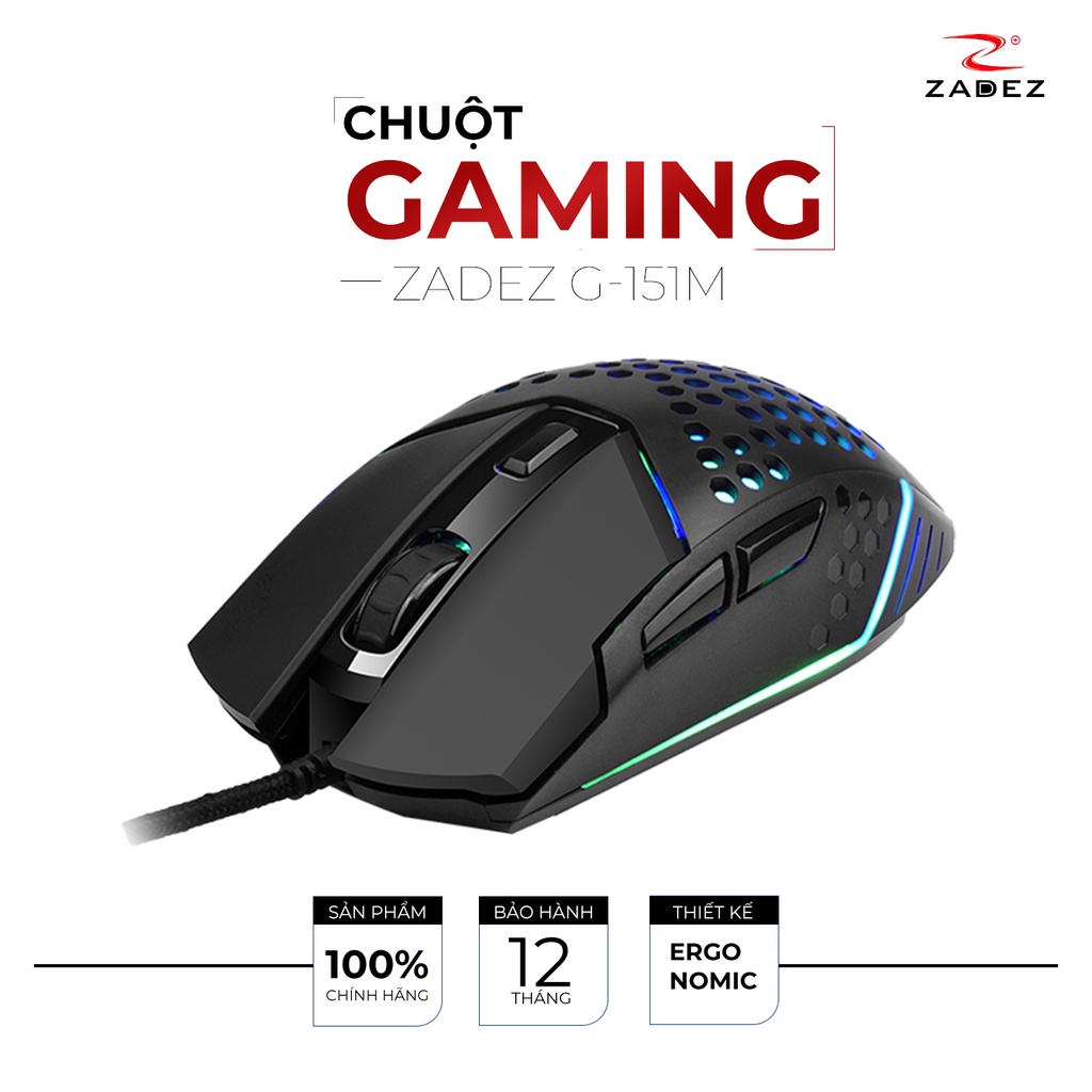 Chuột Gaming 7200 DPI Đèn LED RGB Hỗ Trợ Macro ZADEZ G-151M 6 Nút Chức Năng Lập Trình Qua Driver | Hàng Chính Hãng