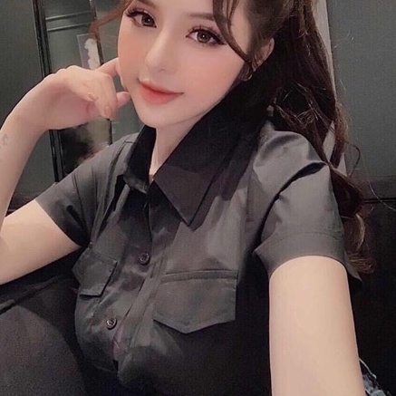 Áo sơ mi hai túi tay ngắn trơn hình thật