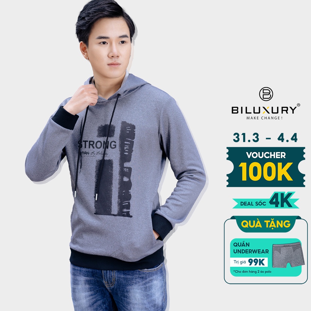 Áo hoodie nam Biman By Biluxury chất nỉ dày có mũ kiểu dáng thể thao trẻ trung mềm mịn không bông xù 4ANOT008GHT