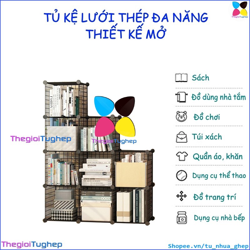 Tủ lưới sắt lắp ghép đa năng hiện đại để sách, đồ dùng trang trí phòng làm việc 9 ô bậc thang