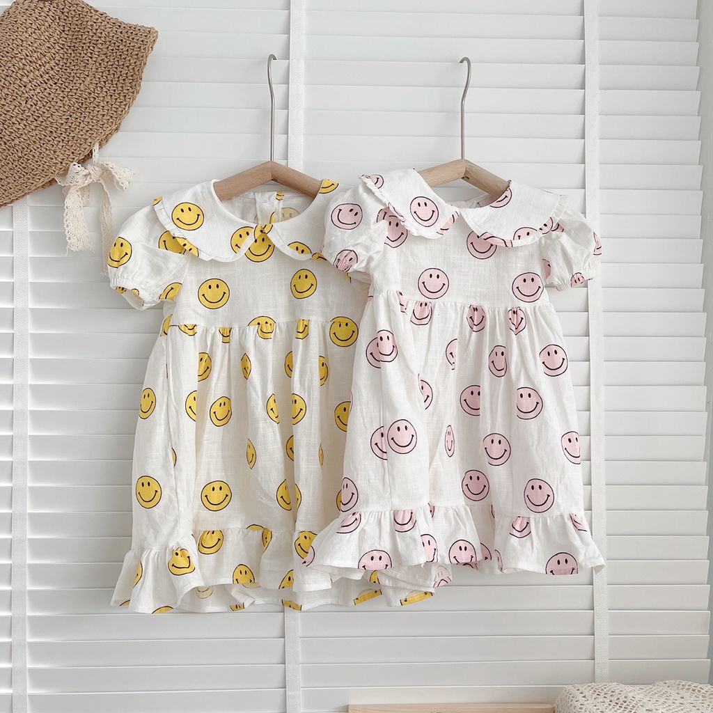 Váy hè cộc tay MẶT CƯỜI cho bé gái 1-6 tuổi-  Chất thô xước mỏng- mềm mát