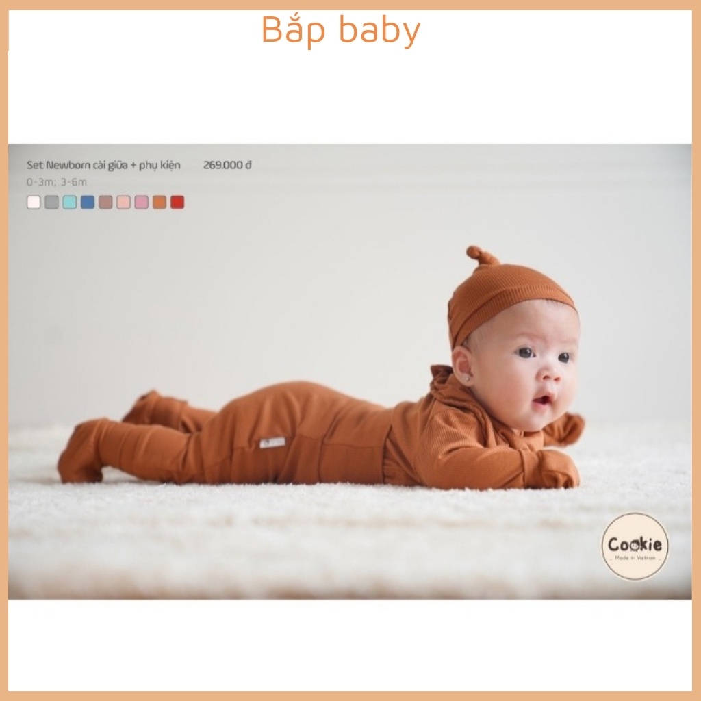 Bộ sơ sinh COOKIE trẻ em quần áo sơ sinh dài tay cho bé cài thẳng cạp cao chất vải Cotton tăm lạnh mỏng mát