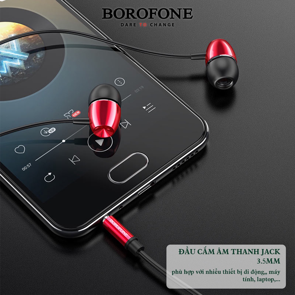 Tai nghe nhét tai có dây Borofone Bm57, jack cắm 3.5 với điện thoại ai phôn, sam sung, oppo, thiết kế míc đàm thoại.....