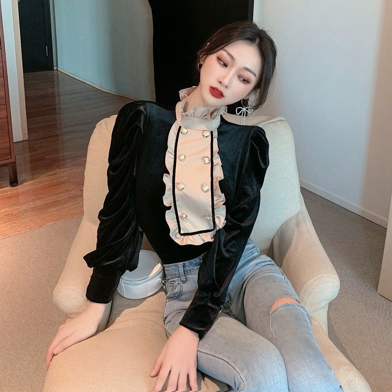 Áo Sơ Mi Nhung Cổ Đứng Phong Cách Retro Phương Tây Dành Cho Nữ