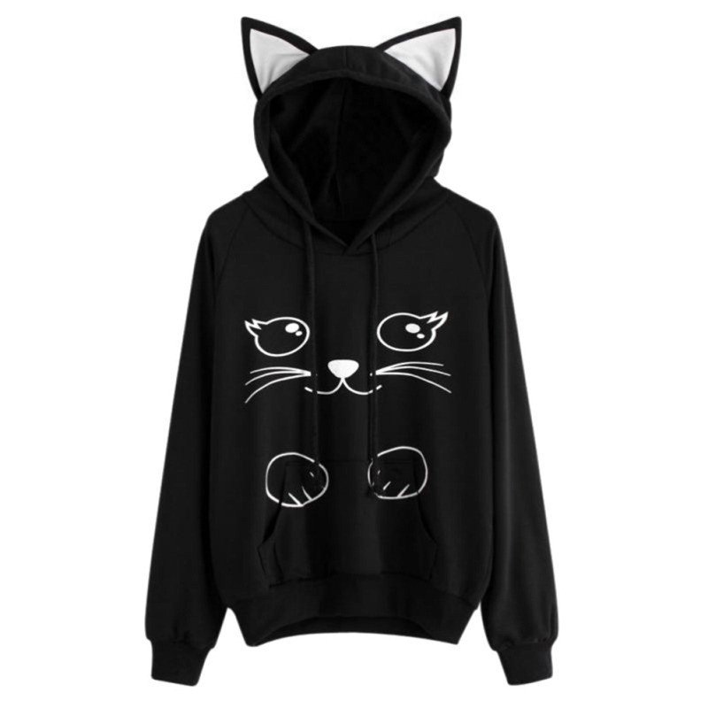 Áo Khoác Hoodie Dáng Rộng Phối Dây Rút Đính Tai Mèo Đáng Yêu Cho Nữ Mùa Thu