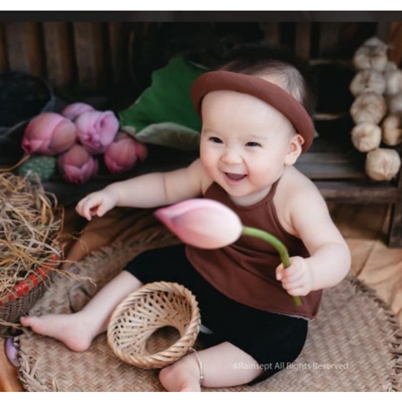 Váy yếm đào nâu tặng kèm vấn siêu dễ thương dành cho bé 5 đến 20kg -A51