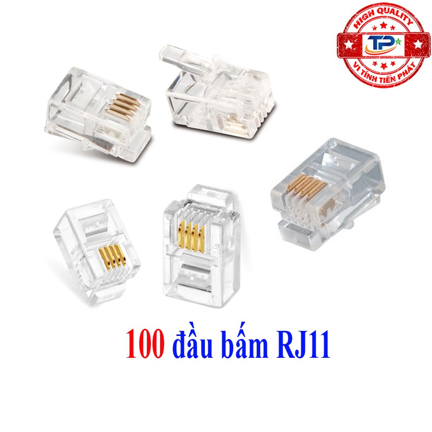 Hộp 100 đầu cáp điện thoại RJ11 nhựa 4 chân ( 4 line tim ) - Dùng hạt bấm cho dây cáp điện thoại bàn