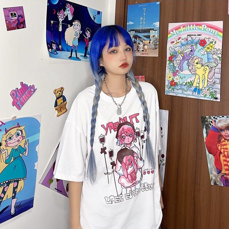 [L&Q]         100% cotton 2021 Korean version of the new summer Japanese cartoon character printed oversized shirt for women