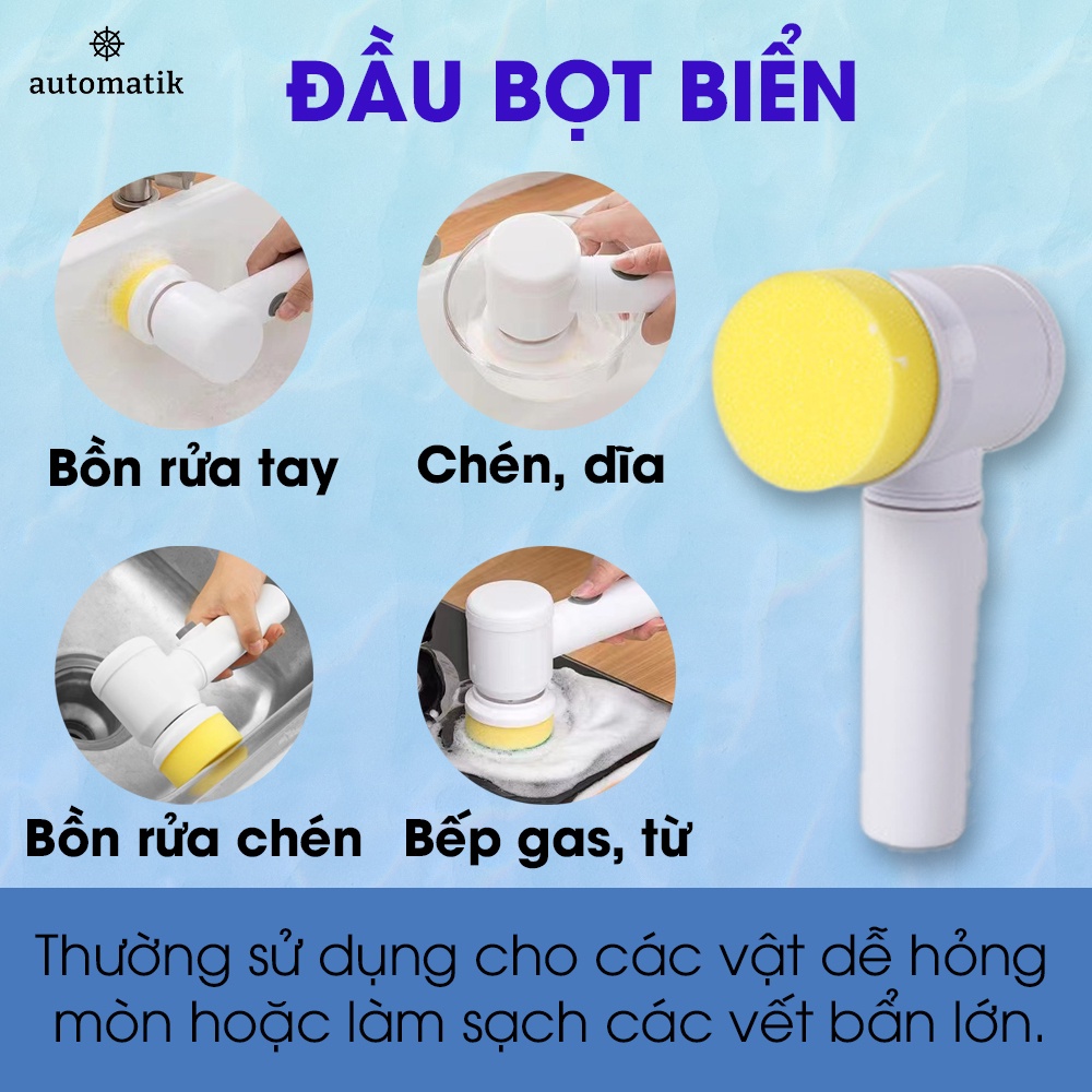 Máy Cọ Rửa Cầm Tay Đa Năng Sạc Điện 3 Đầu Thay Thế, Chổi Cọ Nhà Vệ Sinh, Nhà Tắm, Nhà Bếp - Automatik
