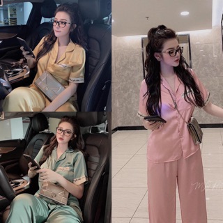 Bộ Lụa Satin Cộc Dài Chữ Viền