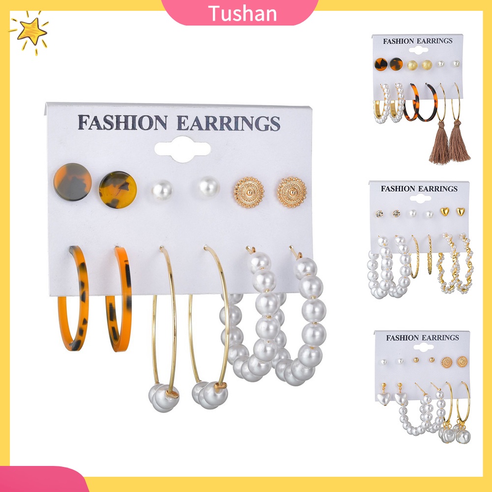 TUSH 6Pairs Women Faux Pearl Tassel Geometric Dangle Ear Studs Hoop Earrings Jewelry