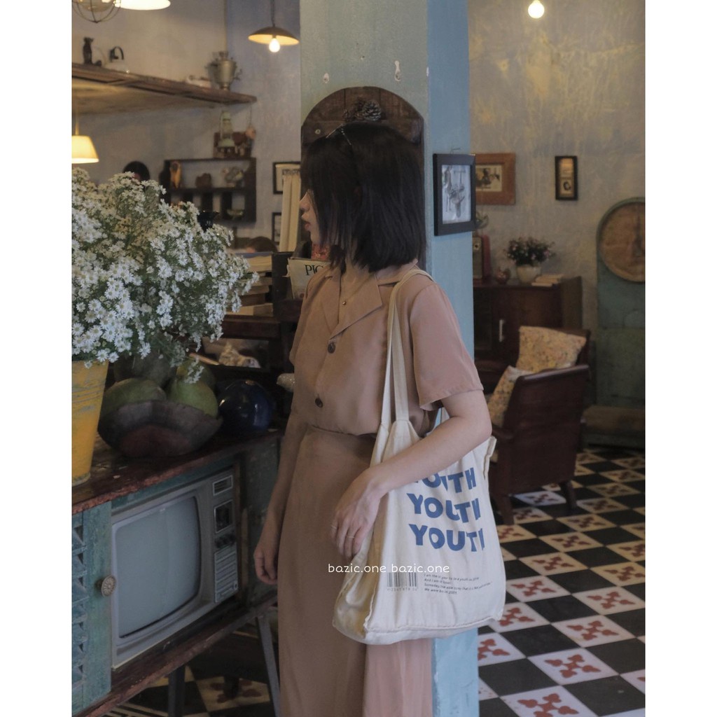 Set Áo Cổ Vest Mix Chân Váy Dài Midi Nude - Bộ đồ nữ thời trang mix sẵn Áo cổ vest + chân váy chữ A dài vintage Nâu Be