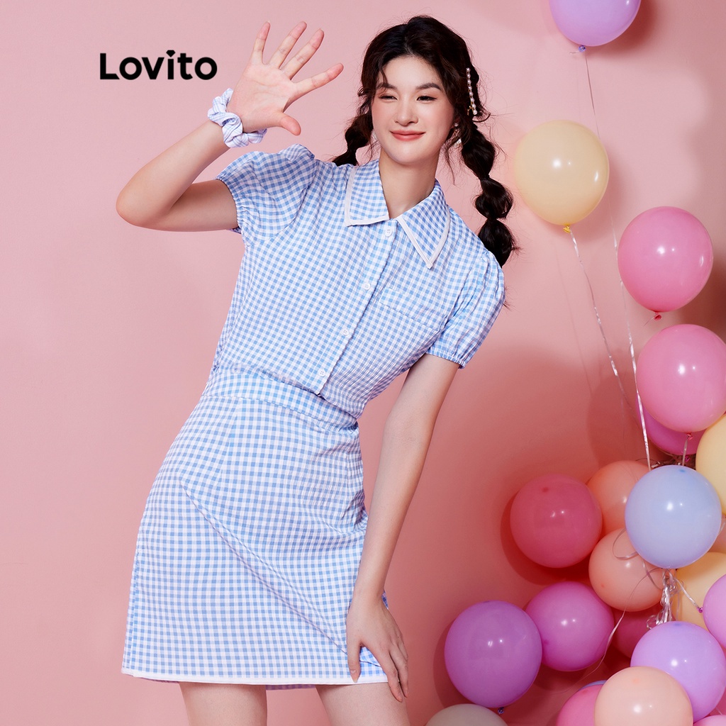 Set đồ LOVITO áo tay phồng tương phản kẻ sọc phong cách Preppy DOPAMINE cho nữ (độc quyền) L28AE039 (màu xanh lam)