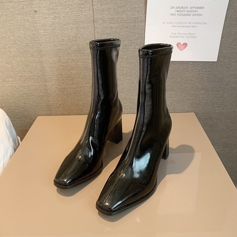 GIÀY BOOT NỮ DA BÓNG CỔ CAO ĐẾ VUÔNG VÂN GỖ M9019 Fullbox