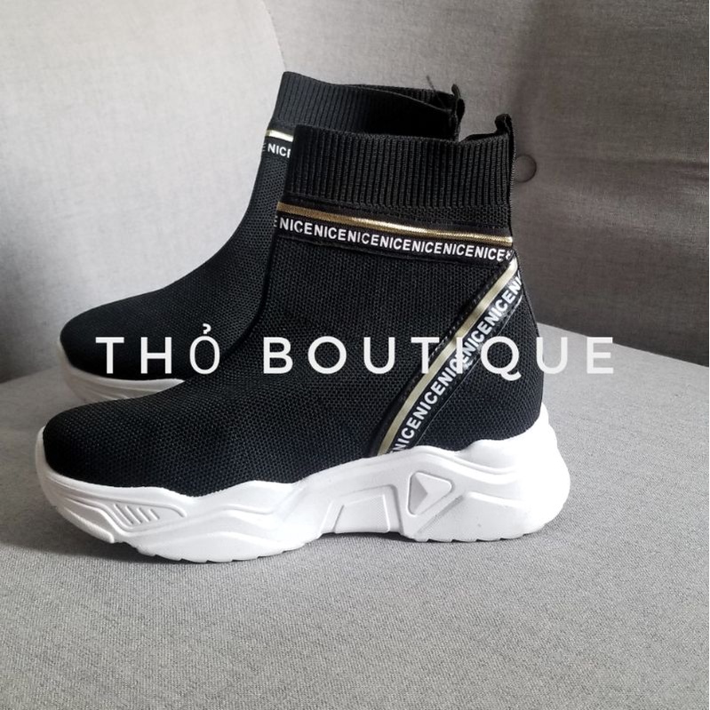 Giày thể thao NICE len thun cổ cao đen sọc chữ đế 3cm size 35, 36