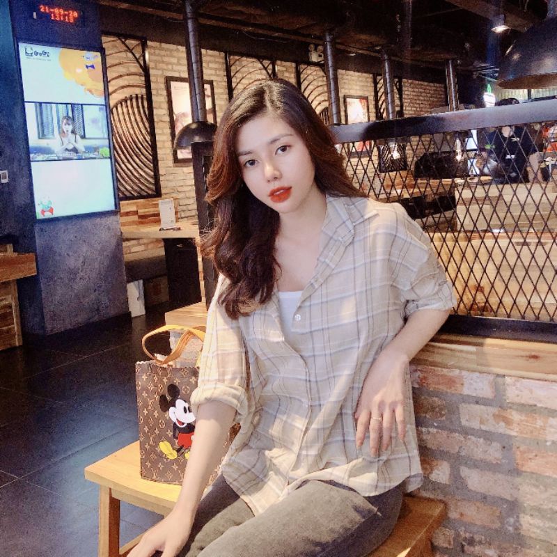 Áo Sơmi Caro Nữ, Áo Sơ Mi Tay Dài Kẻ Sọc Caro Form Rộng Ba Màu