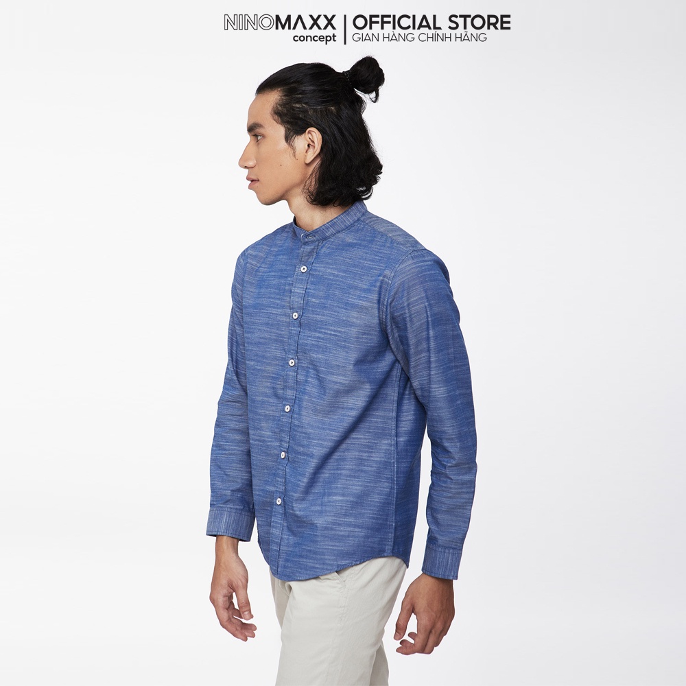 Ninomaxx Áo Sơ Mi Nam cổ tàu dài tay màu xanh 100% cotton dáng regular fit 1905192