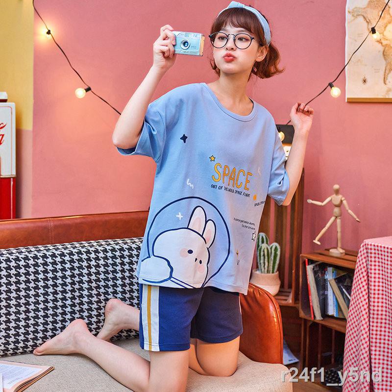 Pyjama nữ Quần short cotton ngắn tay mùa hè, ống rộng phiên bản Hàn Quốc mặc nhà mỏng size lớn có thể bên ngoàiT
