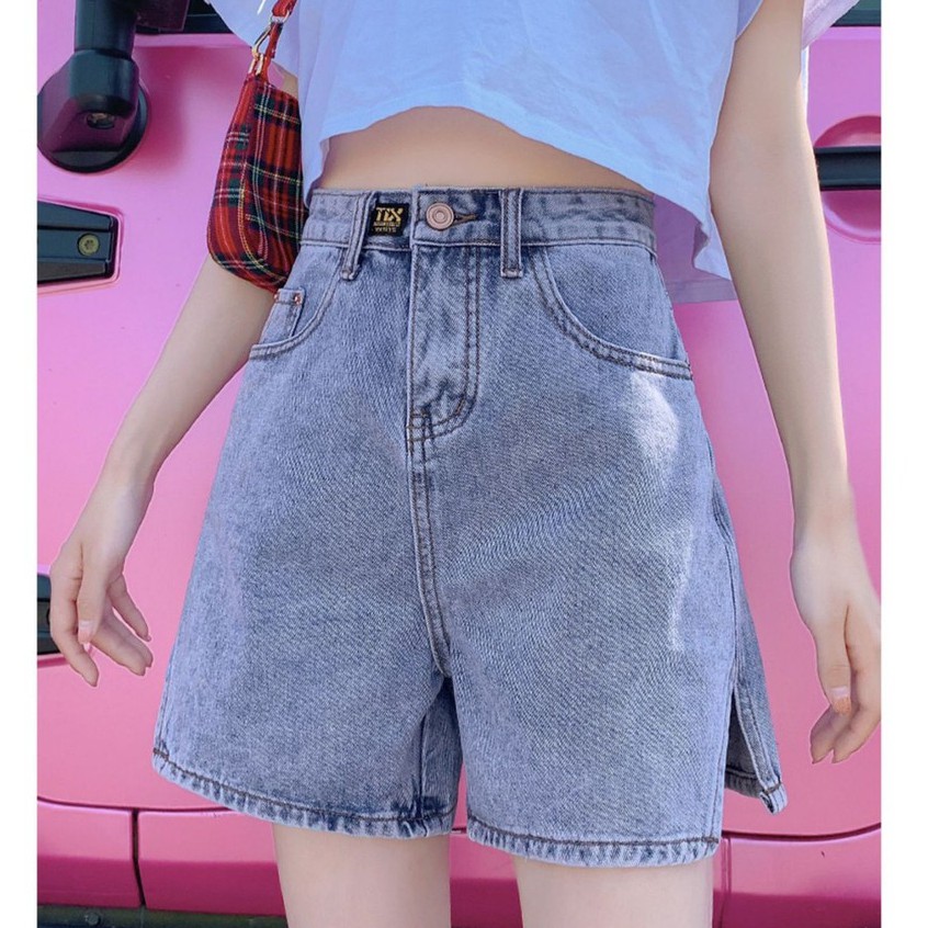 Quần Short Jean Cạp Cao Xẻ V Gấu Thời Trang