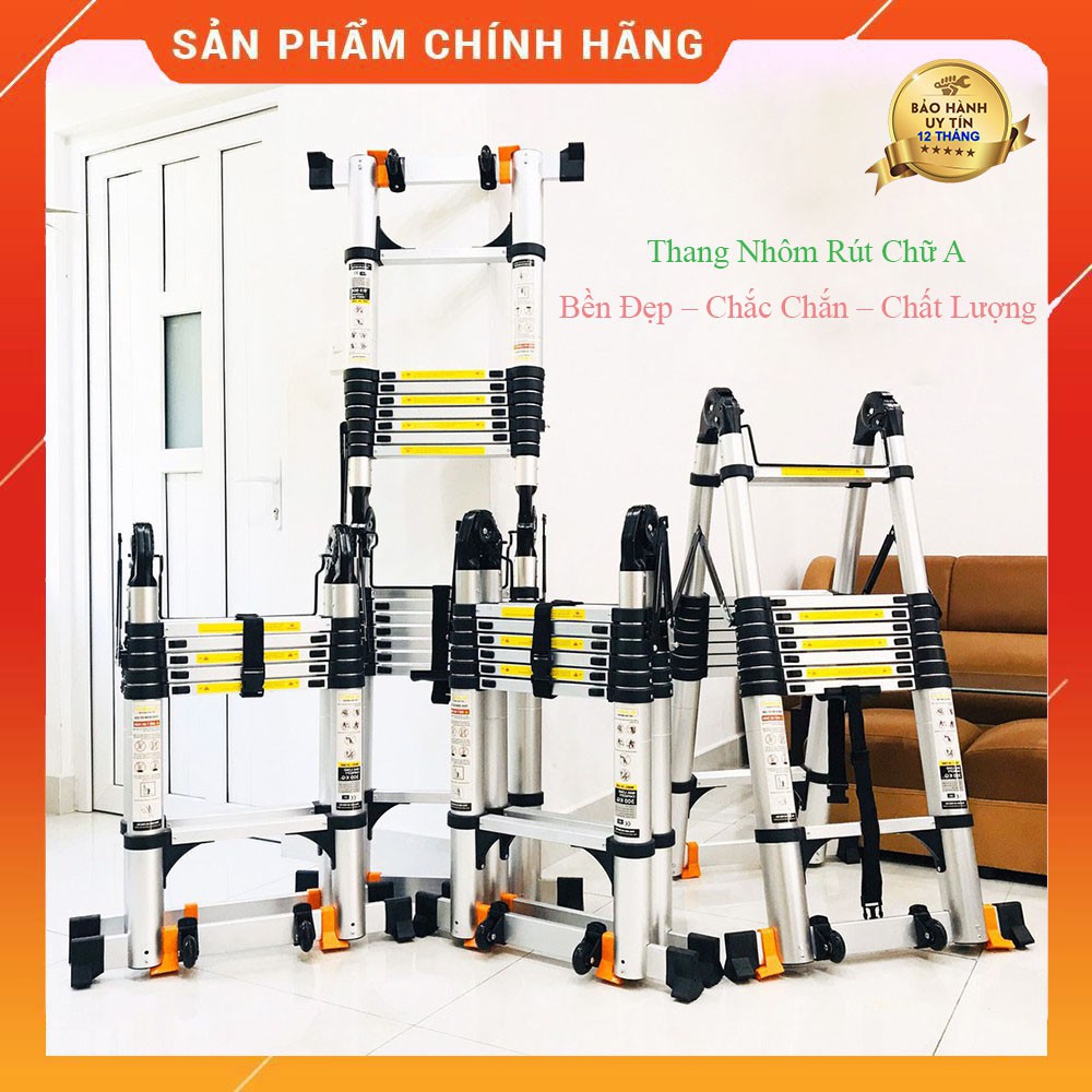 Thang nhôm rút chữ A có bánh xe các loại 1.9M, 2.2M, 2.5M, 2.8M mẫu 2021, tải trọng 300kg