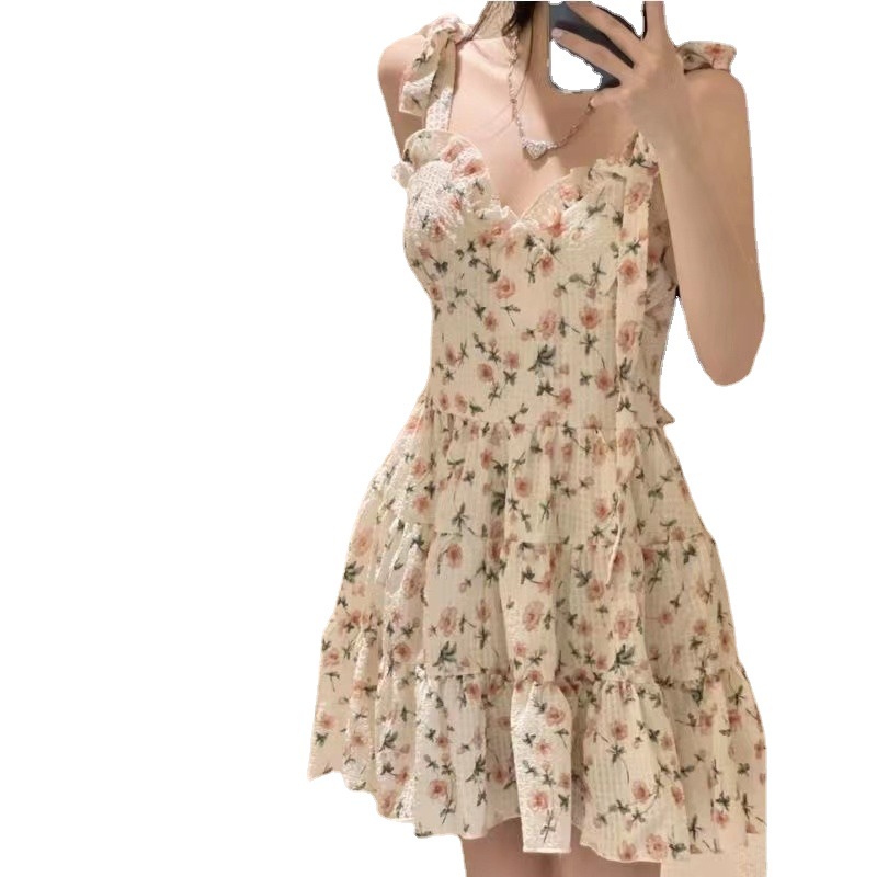 Đầm Hai Dây Ôm Eo In Họa Tiết Hoa Phong Cách Pháp Thời Trang Mùa Hè 2022