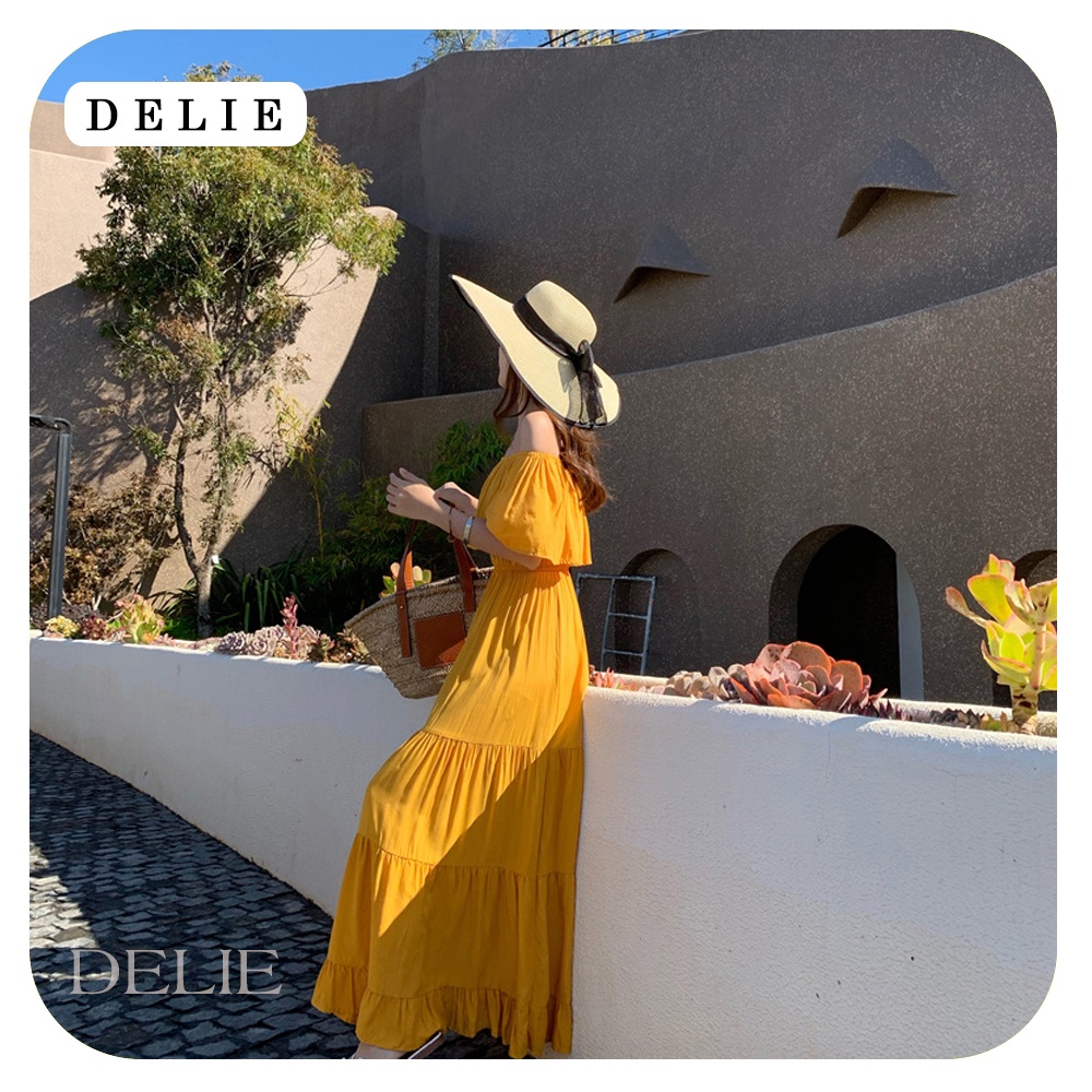 Đầm maxi vàng trễ vai DELIE váy đi biển kiểu pháp dáng dài mịn mát tôn dáng VK01