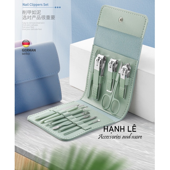 Bộ 12 món cắt móng túi da PU tiện lợi màu sắc pastel xinh xắn dễ mang theo, kềm inox chắn chắn dễ sử dụng