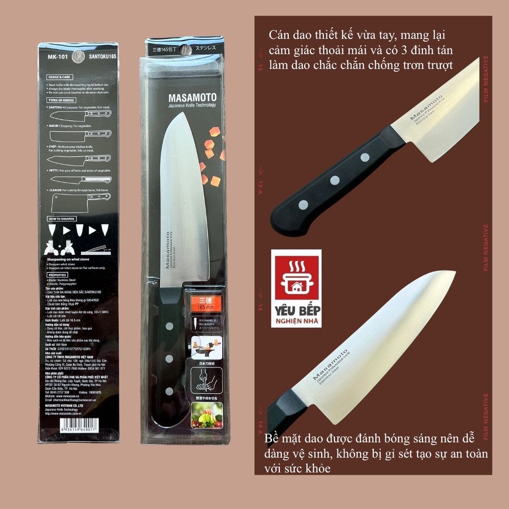 Dao nhà bếp Santoku MK101 Masamoto Nhật Bản chuyên thái thịt, gọt cắt rau củ làm bếp đa năng, thép Nhật không gỉ cao cấp