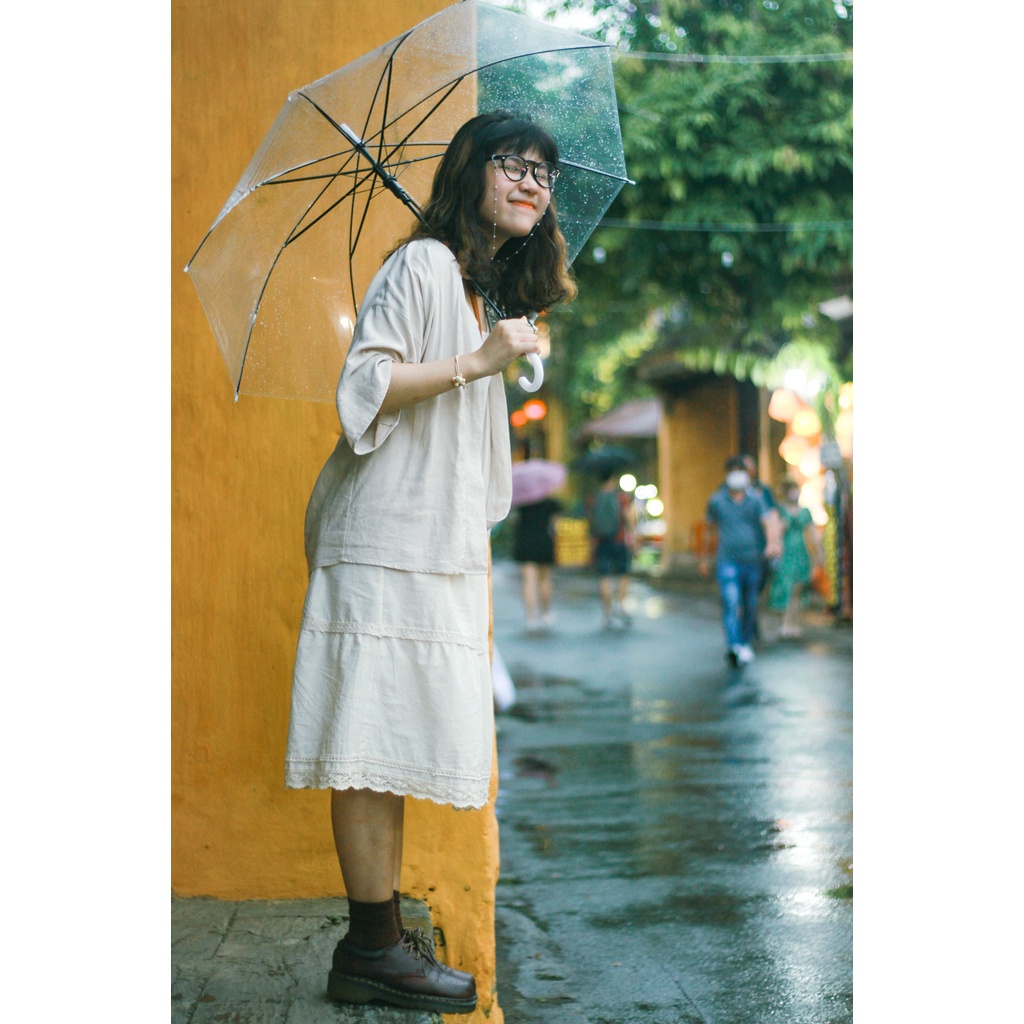 Váy 2 Dây Phối Ren Vải Đũi Vui Thu Đông Nhẹ Nhàng