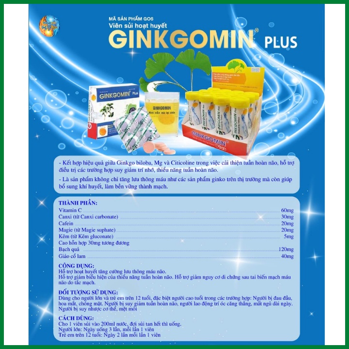 Viên sủi an thần, hoạt huyết Ginkgomin, tăng cường trí nhớ, chống say nắng, tăng cường hoạt huyết, giảm tê mỏi vai gáy