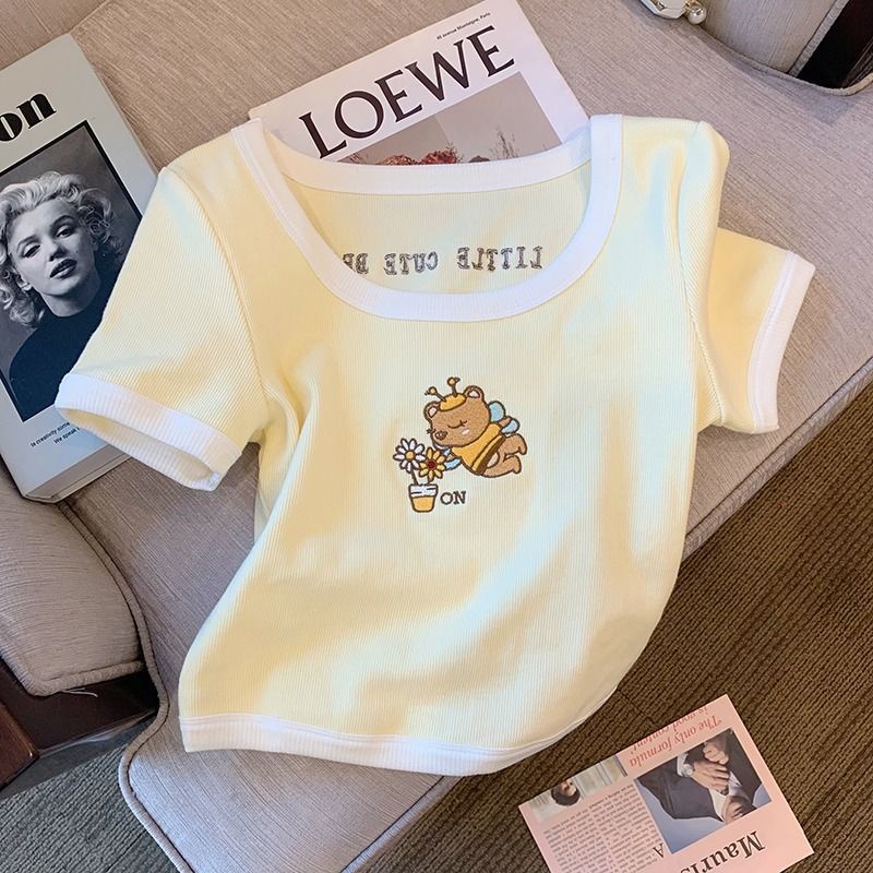 Áo Thun Tay Ngắn Cổ Tròn Thêu Họa Tiết Gấu Thời Trang Xuân Hè Phong Cách Hàn Quốc Mới Cho Nữ