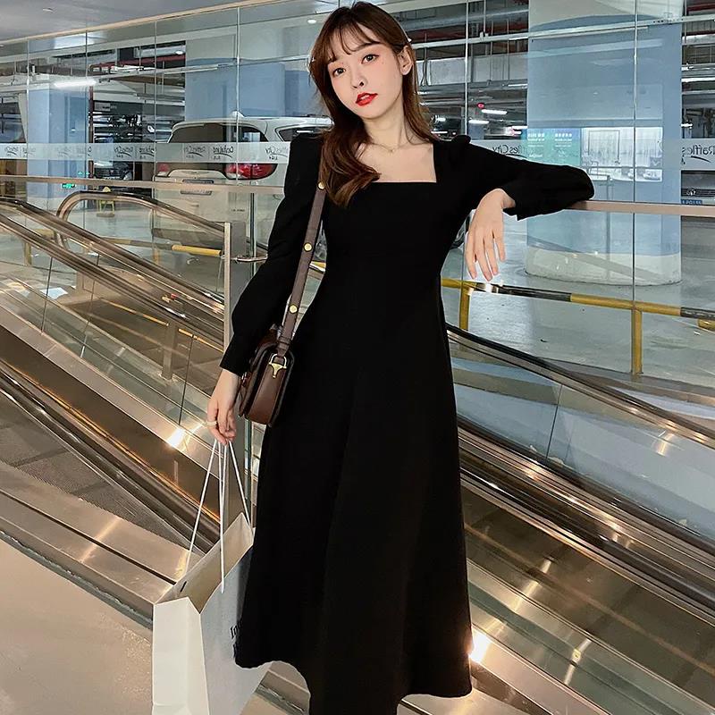 Đầm midi màu trơn thời trang mùa thu hàn quốc cho nữ