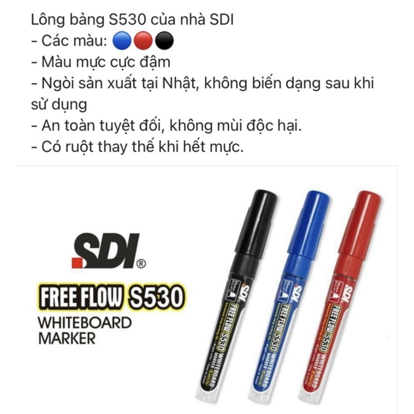 Viết lông bảng chính hãng SDI S530 WHITEBOARD MARKER ngòi 1.5mm, màu đậm, có ruột thay thế, lau sạch, có tem chống giả