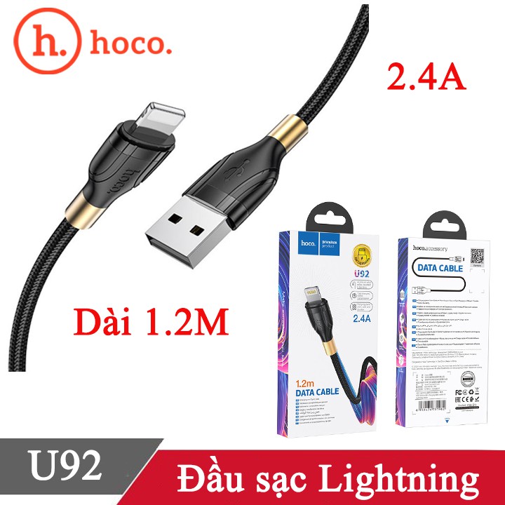 Cáp sạc nhanh Hoco U92 dòng 2.4A đầu Lightning dài 1.2M, dây sạc bọc dù chống đứt, chống rối, hỗ trợ truyền dữ liệu