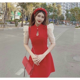 Đầm đỏ tay voan lưới