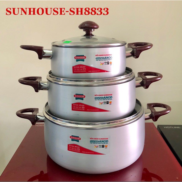 BỘ NỒI NHÔM  ANOD SUNHOUSE SH8833 size 18/22/26cm