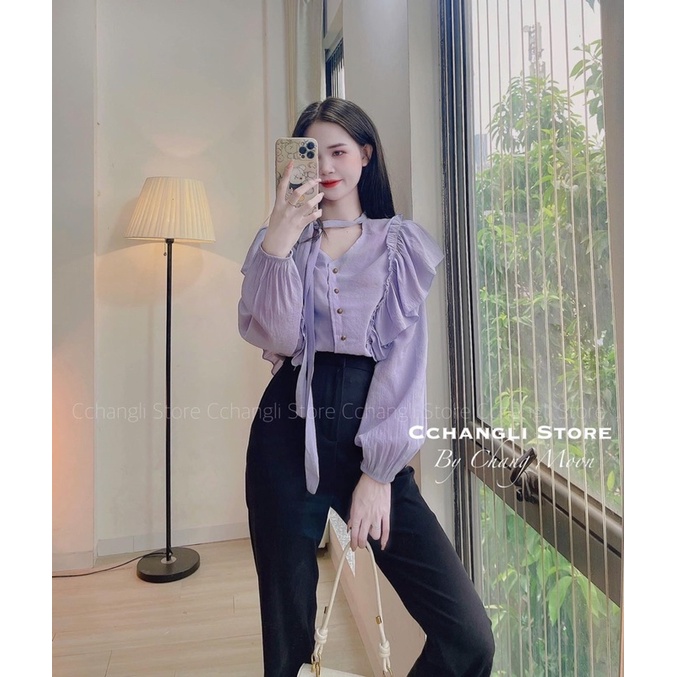 Áo Sơmi bánh bèo buộc nơ cổ màu Tím hàng đẹp