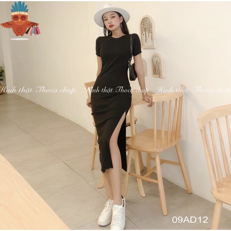 Đầm ôm body xẻ tà tay ngắn chất thun gân siêu co giãn | BigBuy360 - bigbuy360.vn