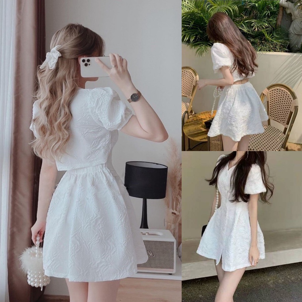 Váy tiểu thư ngắn tay chun hở lưng chất xốp gấp dày dặn hàng Quảng Châu PANOSI - V634