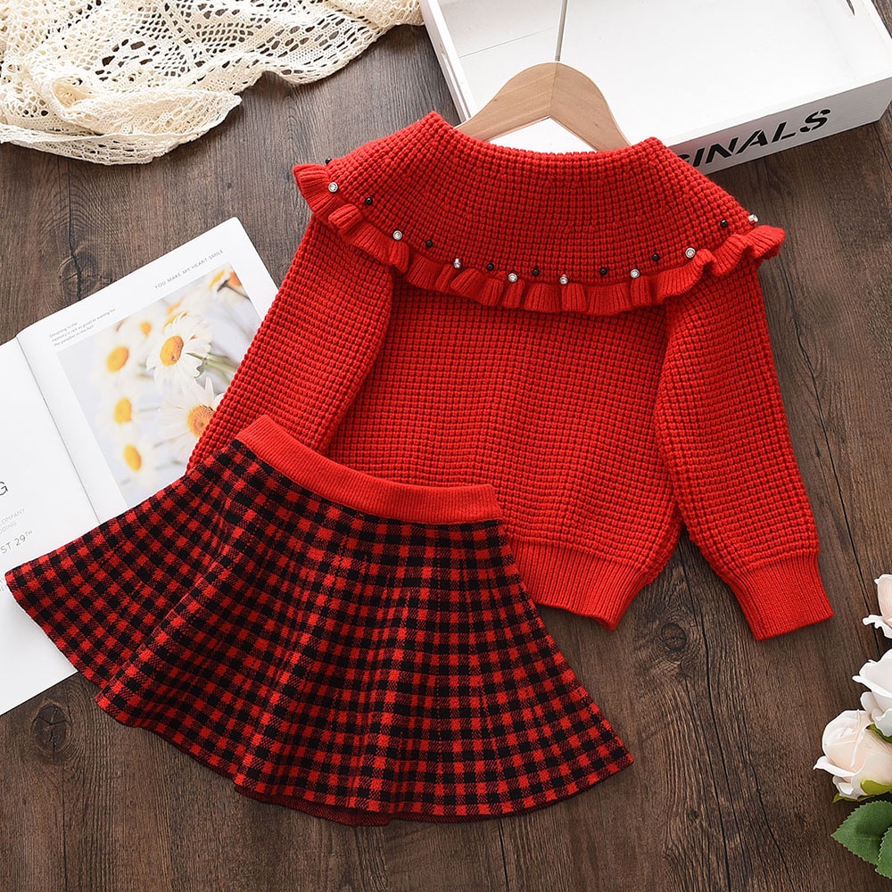 Bộ BEAR LEADER gồm áo khoác cardigan dệt kim đính ngọc trai và chân váy kiểu thu đông Hàn Quốc cho bé gái 2-6 tuổi