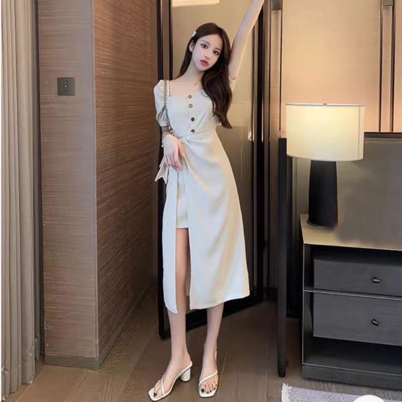 Đầm váy kem cổ vuông xoắn eo