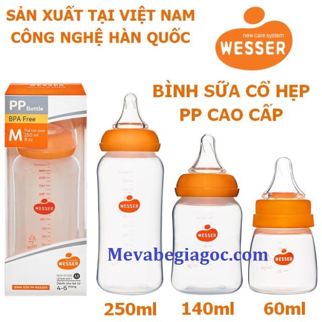 { BB223 } (MẪU MỚI) Bình Sữa Cổ Hẹp PP Kháng Khuẩn WESSER (60ML - 140ML - 250ML) - Made in Vietnam (Công nghệ Hàn Quốc) 